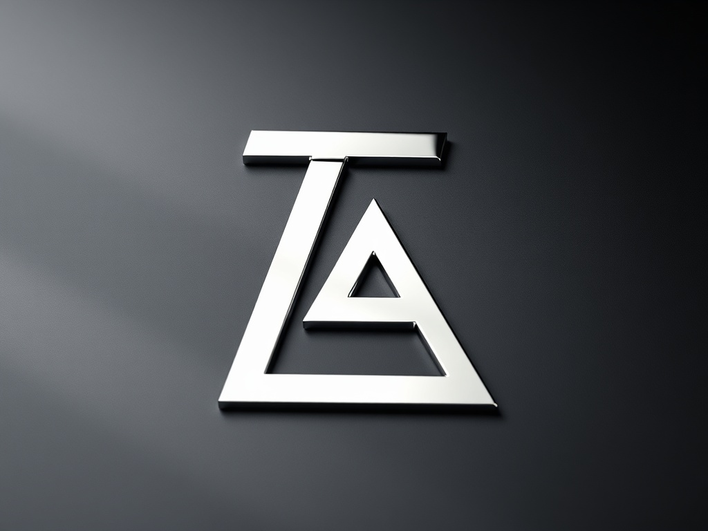 Minimalist geometric logo mark: a stylized letter 'T' and 'A' merged, made of polished chrome, placed on a matte black surface. Soft studio lighting with subtle reflections. Photorealistic, 8k, commercial photography style.